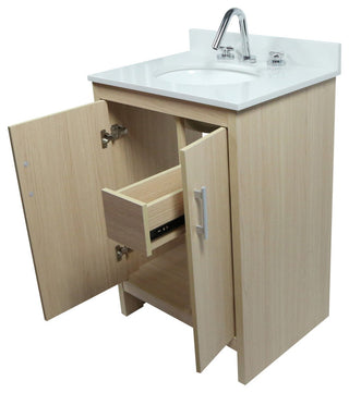 Single Vanity, Neutral Finish Top With White Engineered Stone And Oval Sink, 25"
