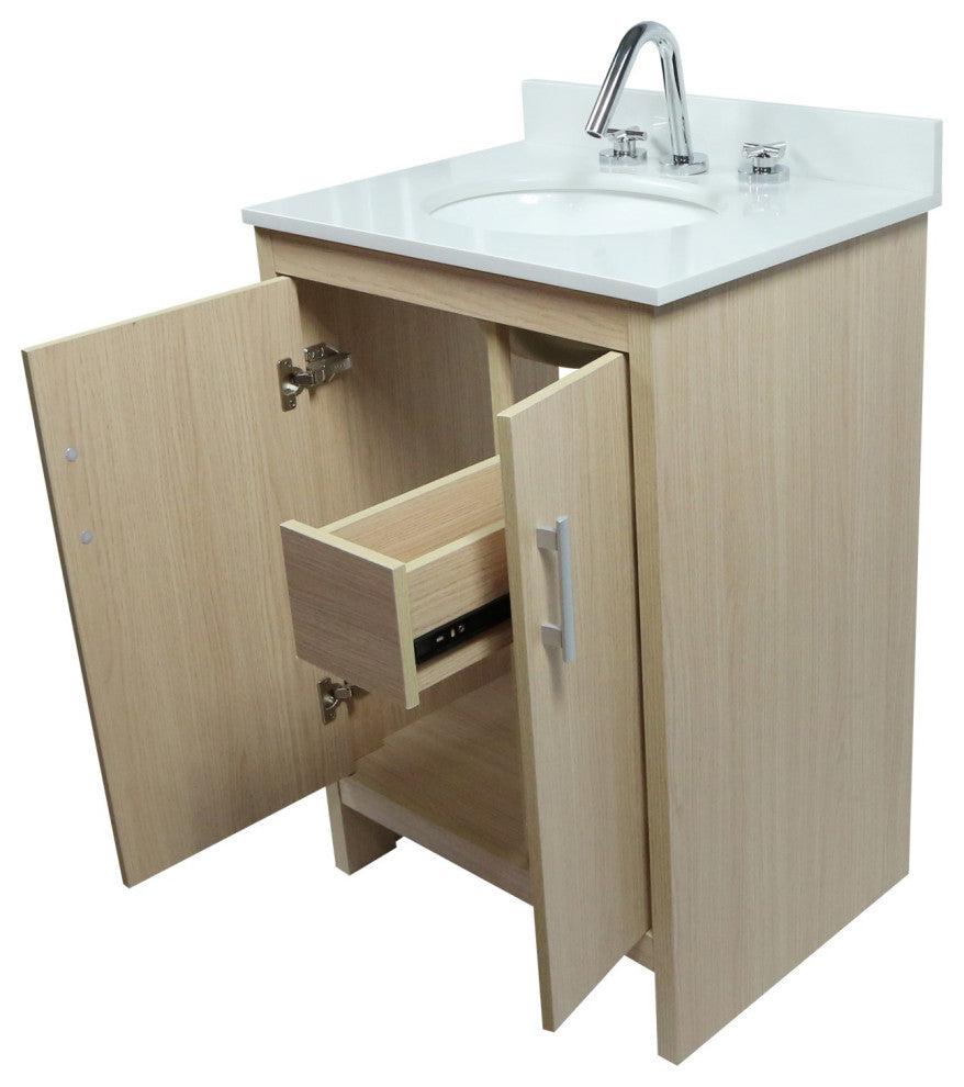 Single Vanity, Neutral Finish Top With White Engineered Stone And Oval Sink, 25"
