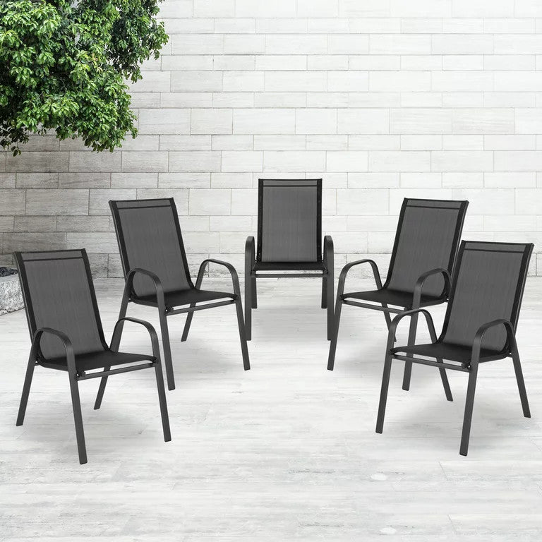 Set of 5 Patio Chair, Metal Frame With Curved Arms & Comfortable Backrest, Black