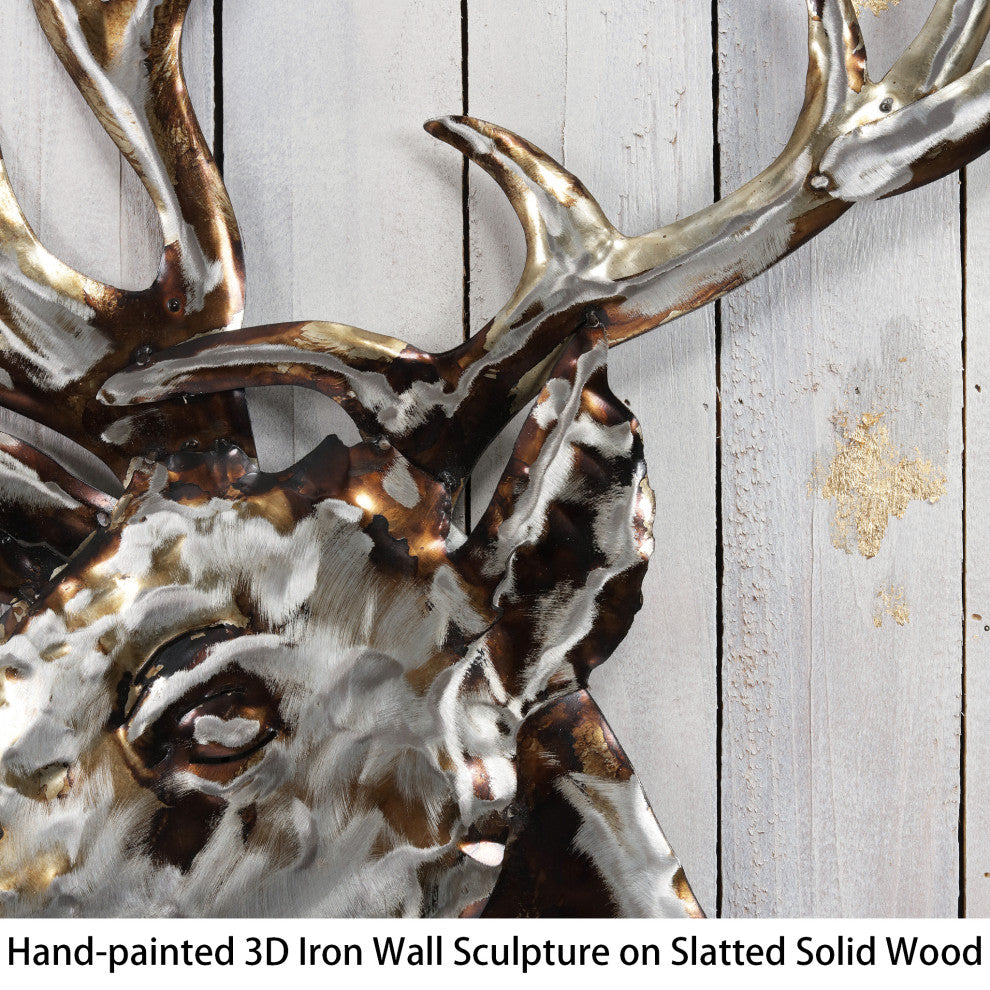 "Deer 2" Hand Painted Iron Wall Sculpture on Slatted Solid Wood Wall Art 40"x30"