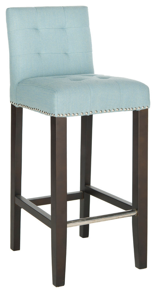 Safavieh Thompson Barstool, Sky Blue, Espresso, Fabric, With Nail Head