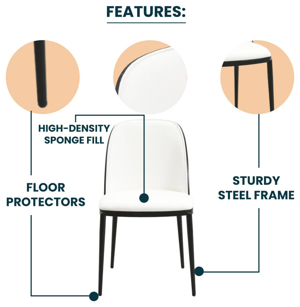 LeisureMod Tule Dining Side Chair With Upholstered Seat and Steel Frame, Black/White