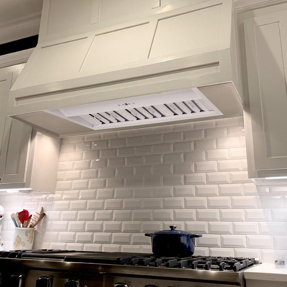 36" Insert/Built-in Stainless Steel Range Hood, Dimmable, 3-Speeds 600CFM, Cool White Light, Satin White