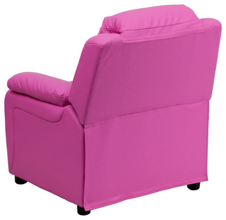 Deluxe Padded Hot Pink Vinyl Kids Recliner with Storage Arms