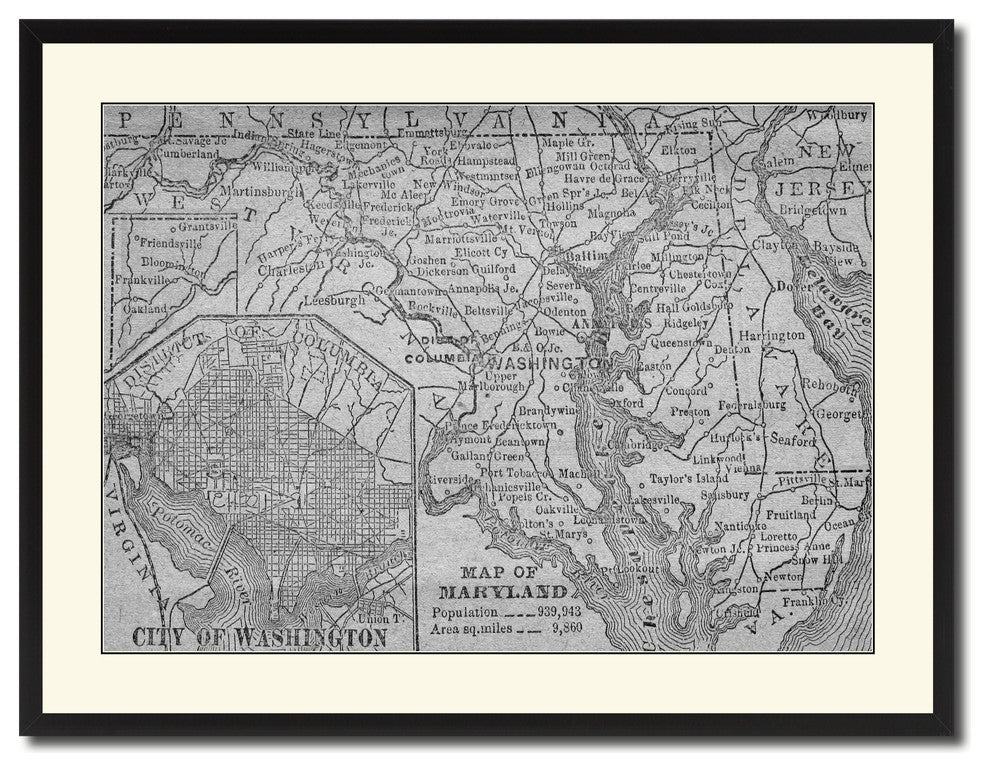 Maryland Vintage B&W Map Canvas Print, 28"x37"