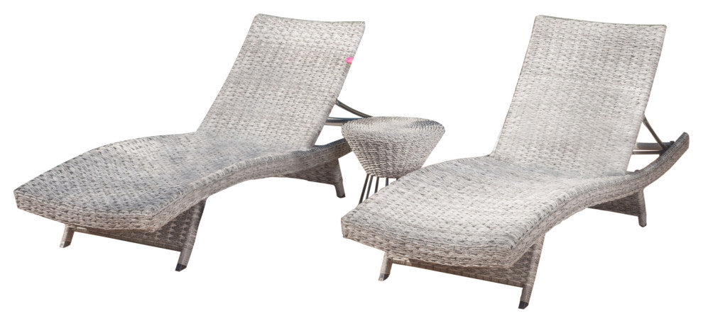 GDF Studio Crystal Outdoor Gray Wicker Chaise Lounge and Table, Set of 2