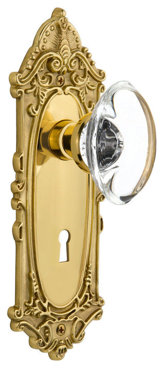 Double Victorian Plate With Oval Clear Crystal Knob, Polished Brass