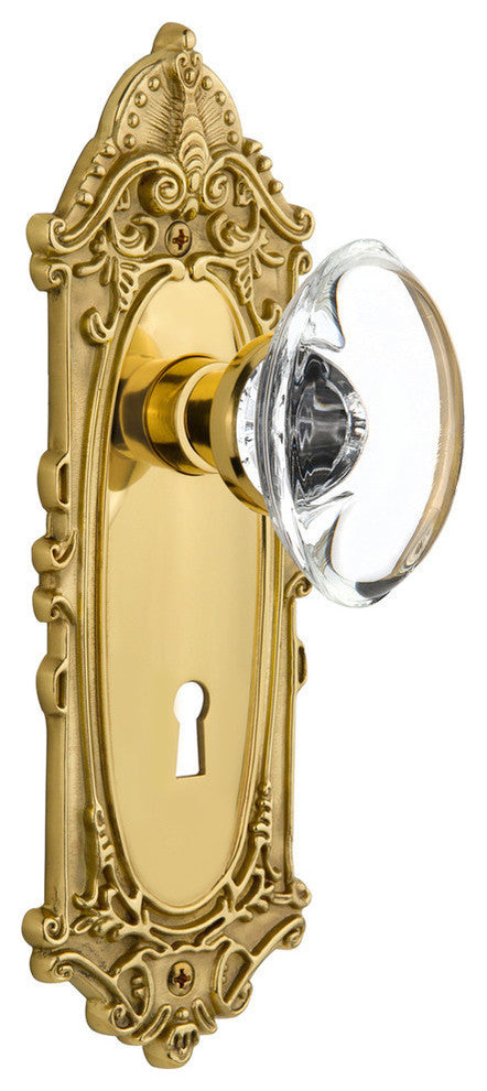 Double Victorian Plate With Oval Clear Crystal Knob, Polished Brass