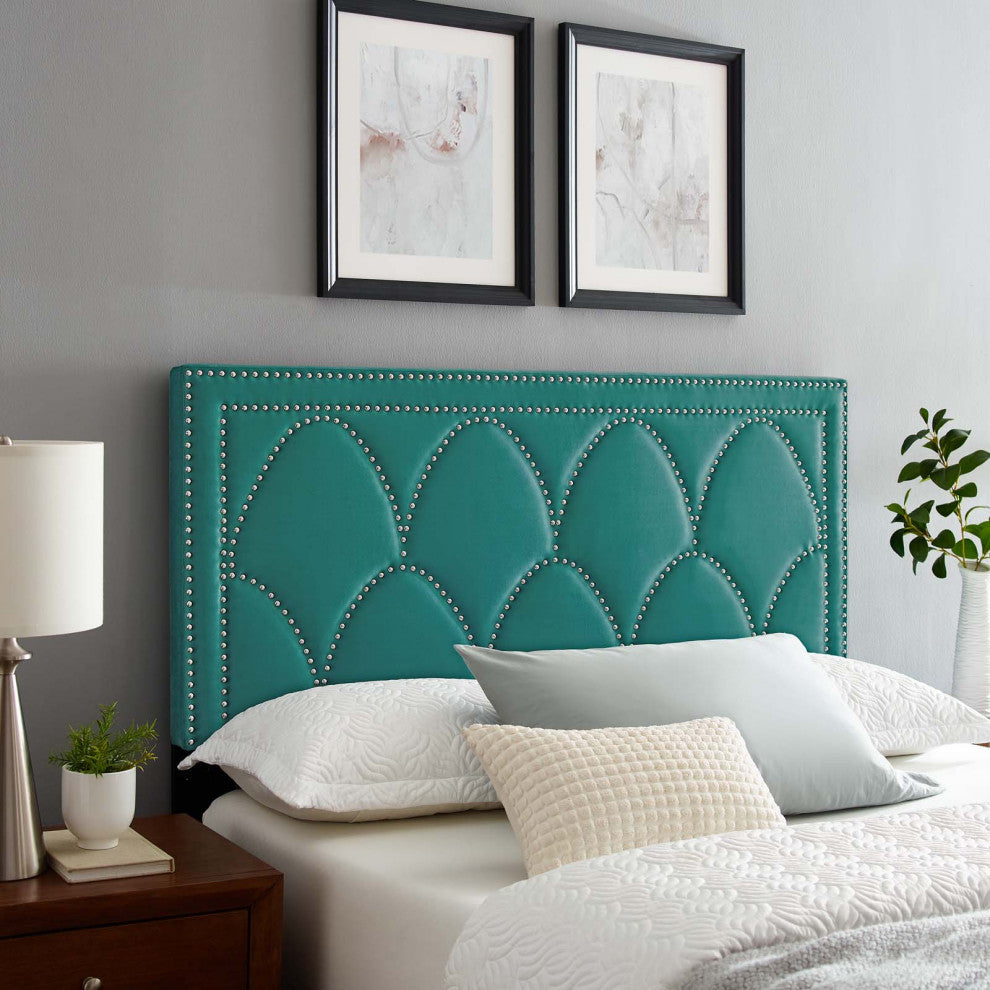 Headboard, Nailhead, Twin Size, Teal Blue, Velvet, Modern, Bedroom Guest Suite