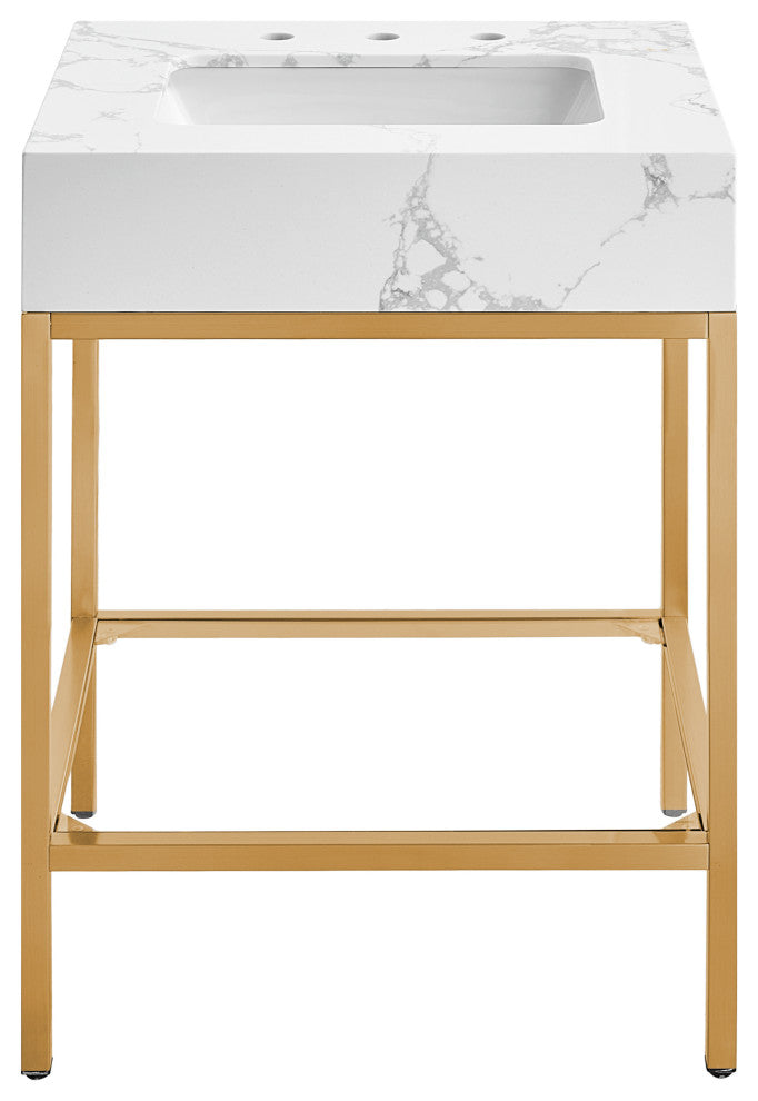 Marmo Bathroom Vanity, White, 24" Wide, Brushed Brass Finish