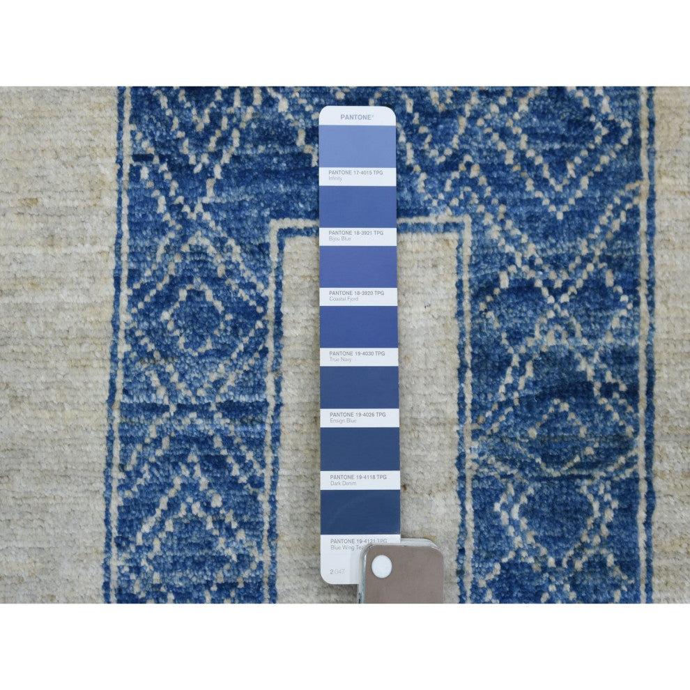 Denim Blue Maze Design With Berber Influence Hand Knotted Wool Rug, 9'2"x11'9"