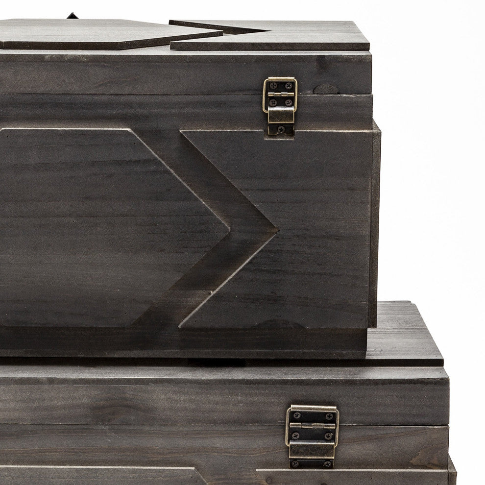 Set of Two Brown Detailed Wooden Boxes