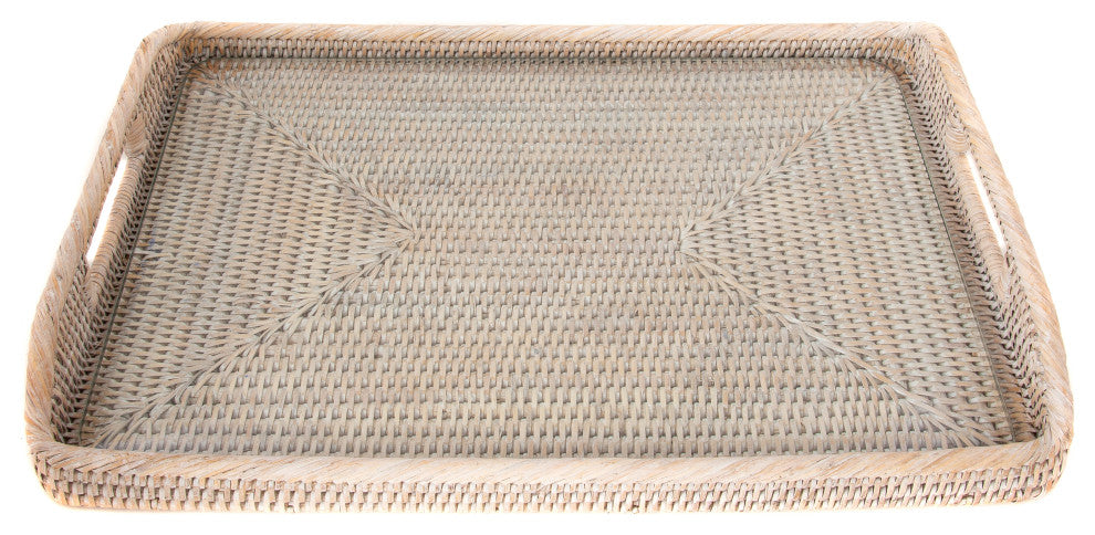 Rectangular Tray With Glass Insert, White Wash, 14"x10"x1"