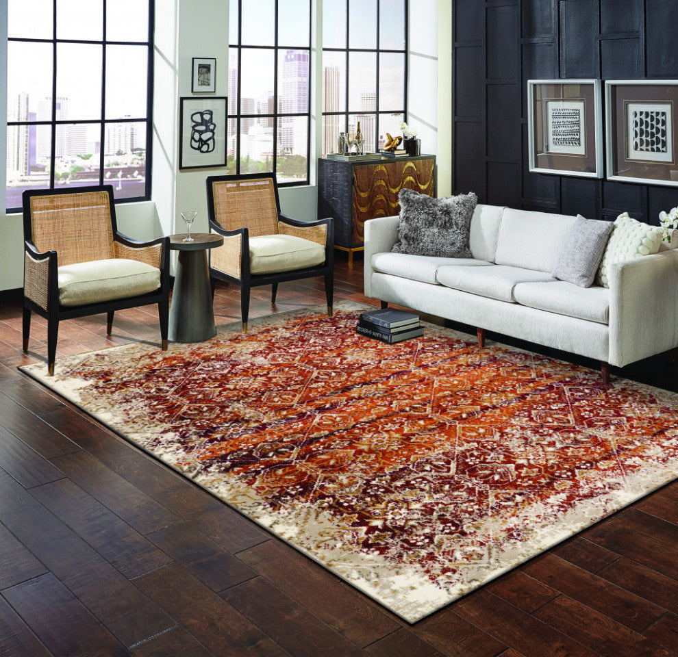 5"x8" Rust Ivory Distressed Diamonds Area Rug