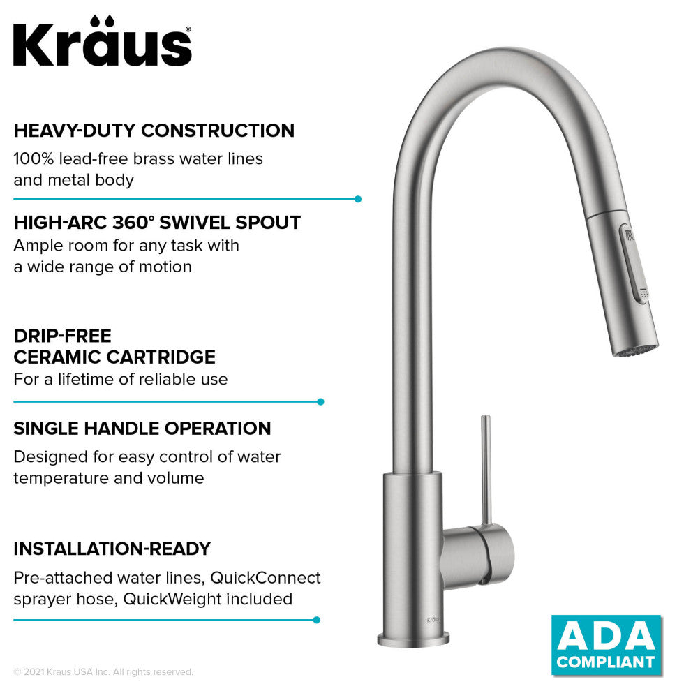 Oletto Pull-Down 1-Hole Kitchen Faucet, Spot Free Stainless Steel