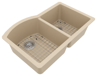 Karran Undermount Quartz 32" 60/40 Double Bowl Kitchen Sink Kit, Bisque