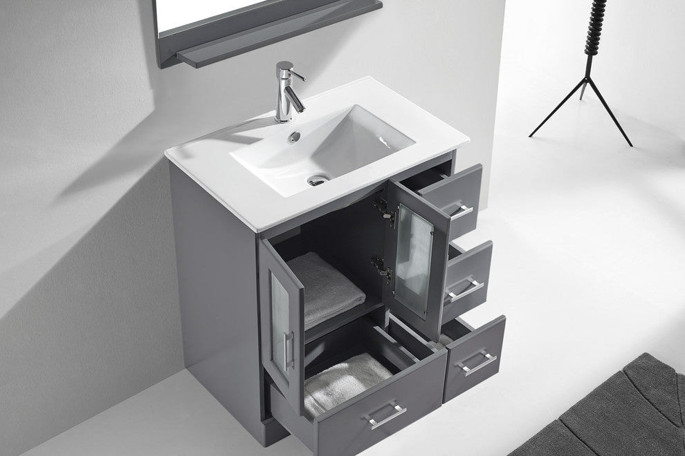 Virtu Zola Single Bathroom Vanity, Brushed Nickel Faucet and Mirror, Gray