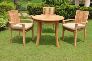 4-Piece Outdoor Teak Dining Set, 36" Round Table, 3 Lua Stacking Arm Chairs