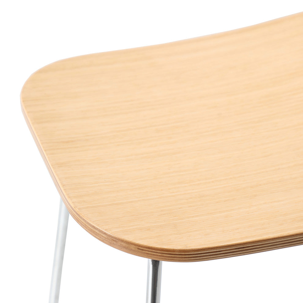LeisureMod Melrose Modern Wood Counter Stool With Chrome Base, Natural