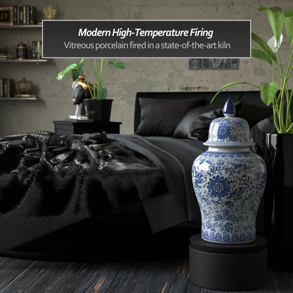 24" Floral Blue and White Porcelain Temple Jar