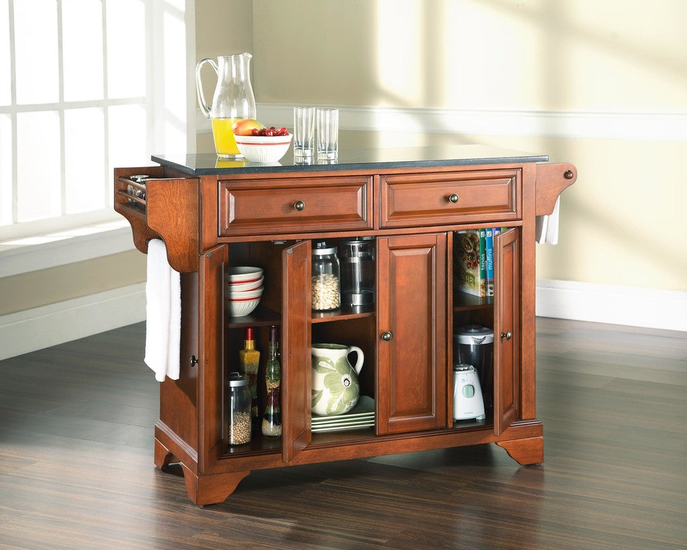LaFayette Solid Black Granite Top Kitchen Island, Classic Cherry Finish