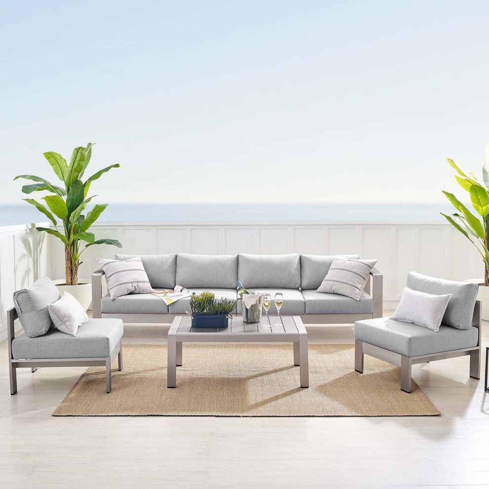 Sectional Sofa Chair Table Set, Sunbrella, Aluminum, Silver Gray, Outdoor