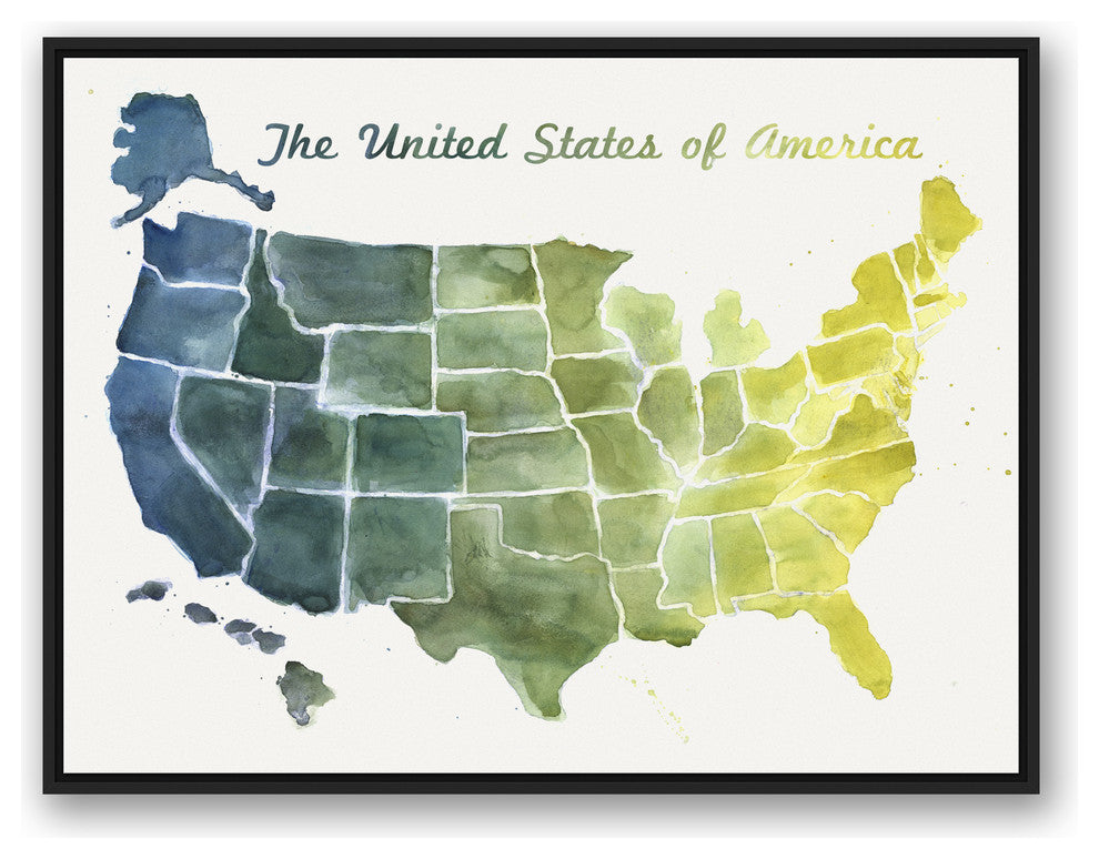 United States Blue and Green Watercolor Map 30x40 Black Floating Framed Canvas