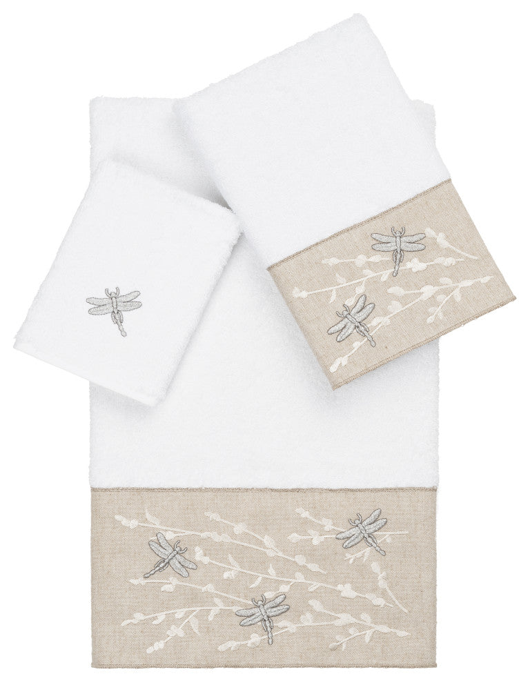 Linum Home Textiles Turkish Cotton Braelyn 3-Piece Embellished Towel Set, White