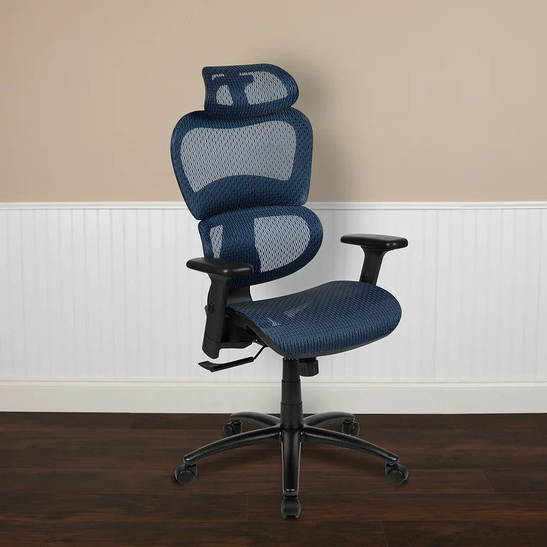 Contemporary Office Chair, Mesh Seat & Back With Adjustable Headrest, Blue