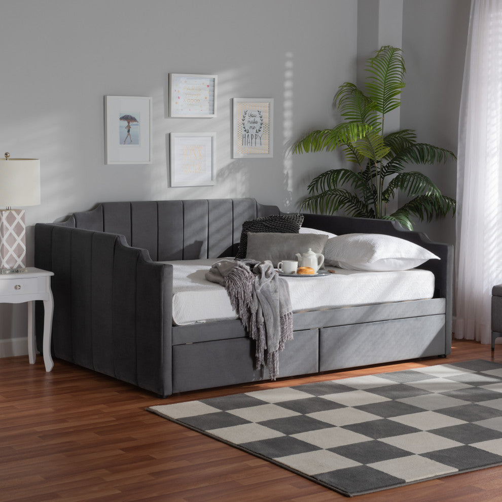 Gulliver Grey Velvet Fabric Upholstered 2-Drawer Daybed
