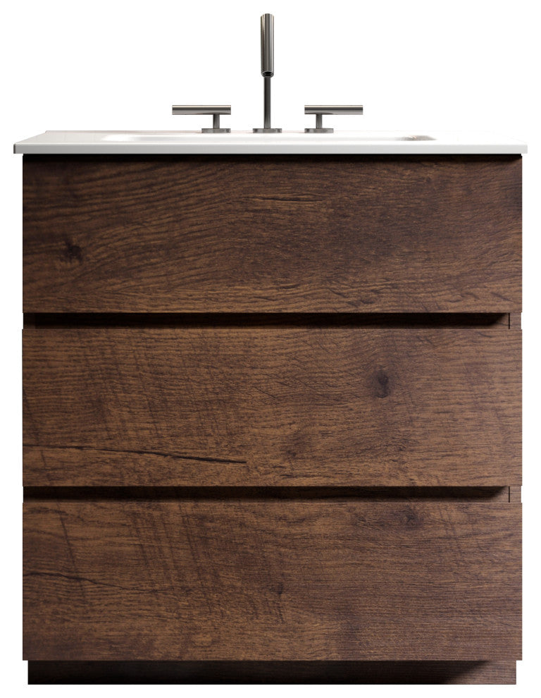 Freestanding Bathroom Vanity Set with White Ceramic Sink Basin, Walnut, 30"