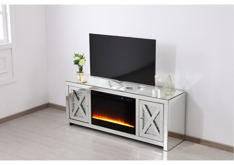 59"Crystal Mirrored Tv Stand With Crystal Insert Fireplace