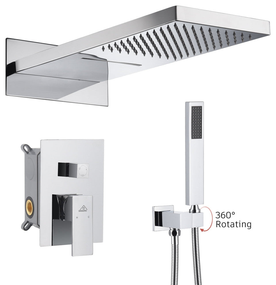 CASAINC 22" Wall Mounted Luxury Waterfall Shower System w Handheld Spray, Chrome