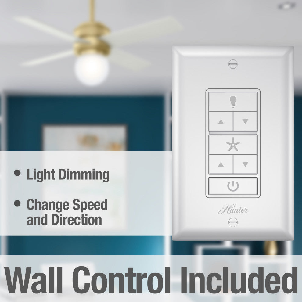 Hunter 44" Hepburn Modern Brass Ceiling Fan With Light Kit and Wall Control