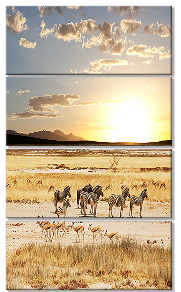 Zebras and Antelopes in Africa, African Landscape Canvas Art, 28"x48", 4 Panels