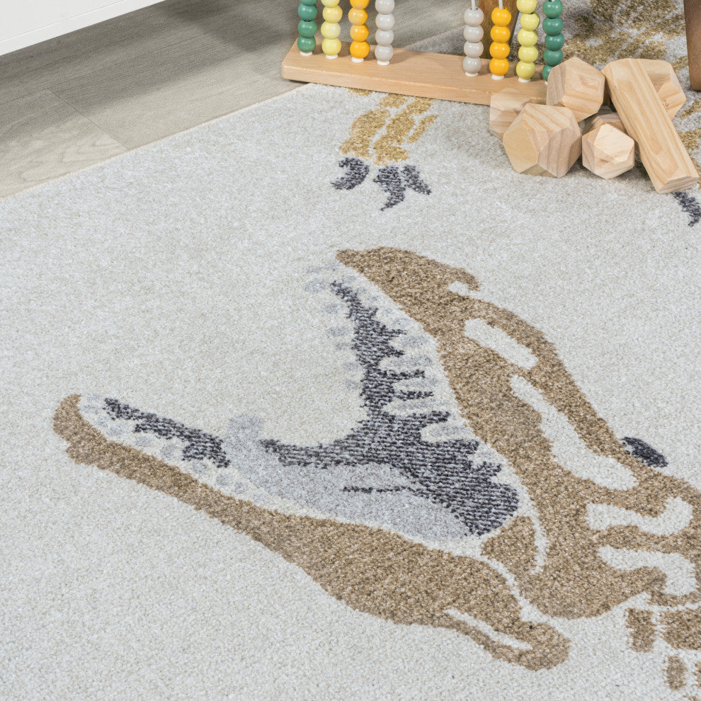Kingdarr T-Rex Modern Kids Machine-Washable Cream/Multi 3 ft. x 5 ft. Runner Rug