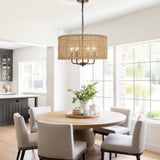20" 4-Light Bohemian Coastal Drum Chandelier with Seagrass Hand Woven Shade