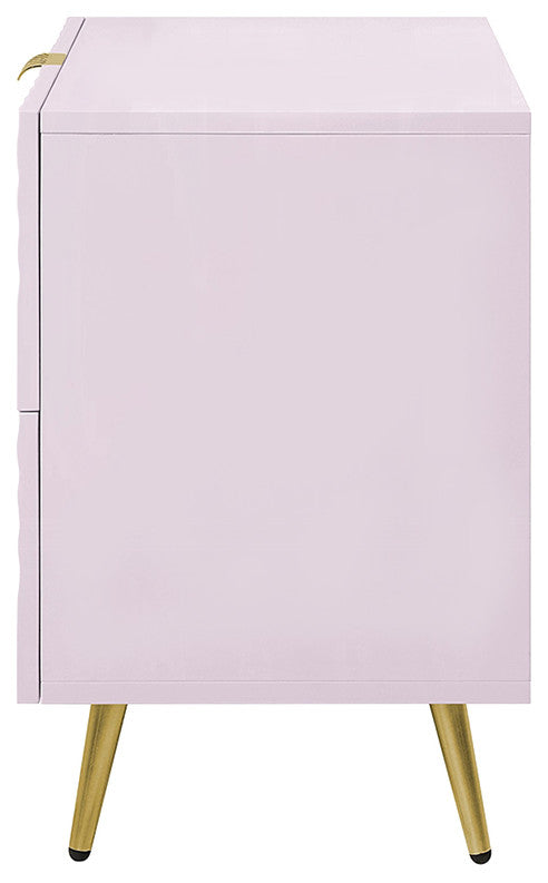 2-Drawers Wooden Nightstand With Metal Legs, High Gloss Pink Finish