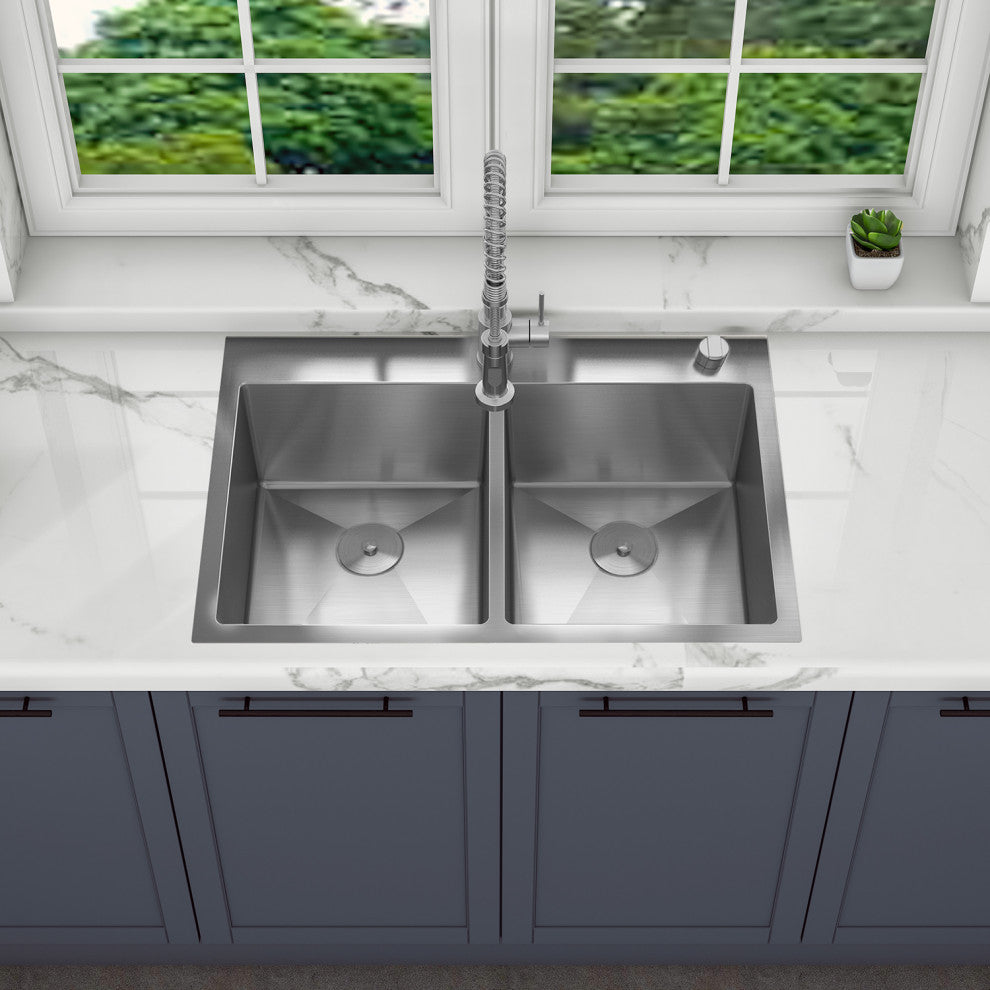 Sinber Double Bowl Kitchen Sink with 304 Stainless Steel Satin Finish, 33"x22"x9", Drop in