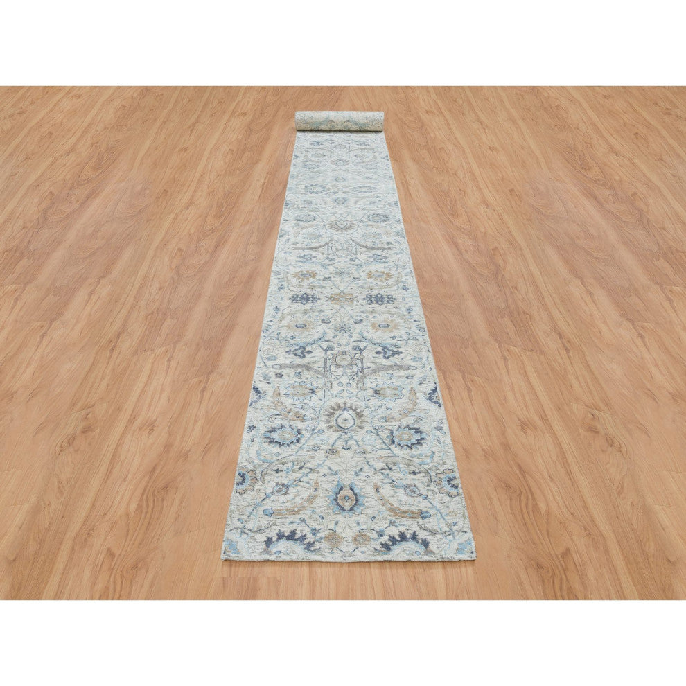 Ivory Silk With Wool Hand Knotted Sickle Leaf Design XL Runner Rug, 2'6"x23'10"