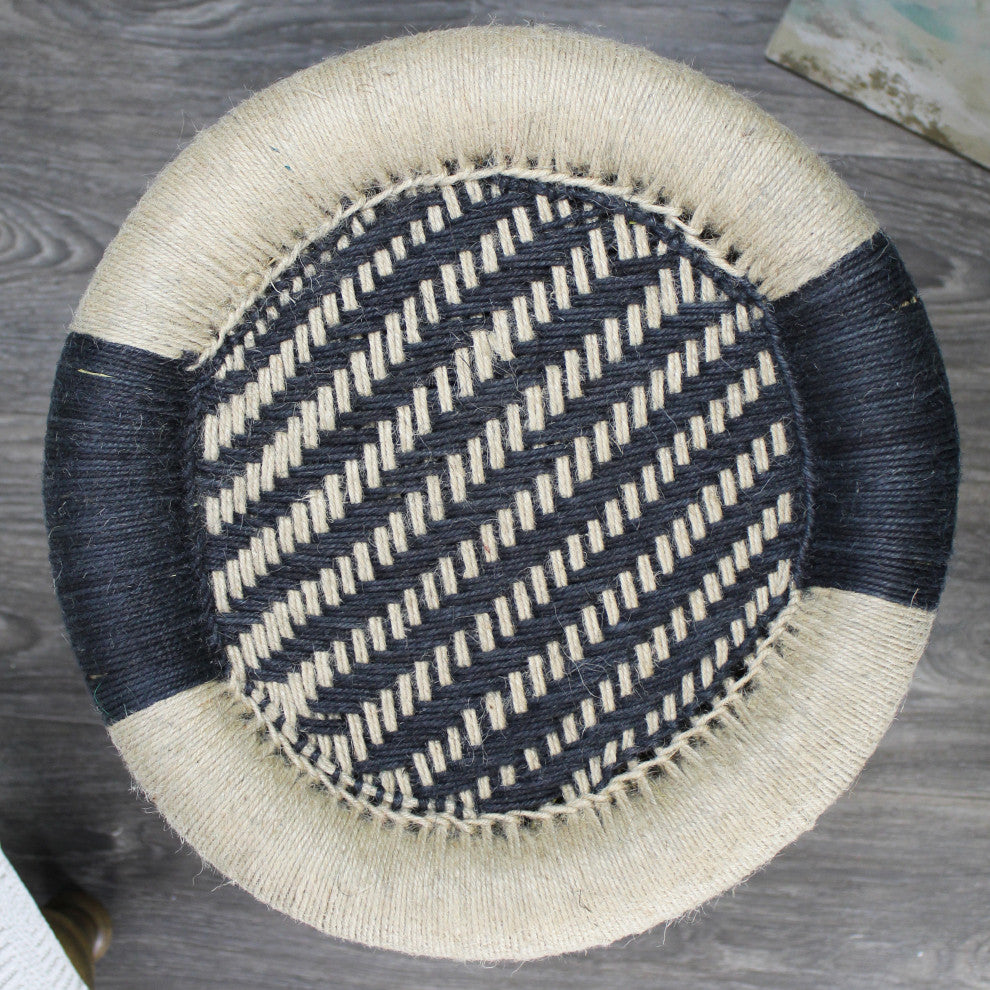 Natural Geo Moray Decorative Handwoven Jute Accent Stool, Black Striped