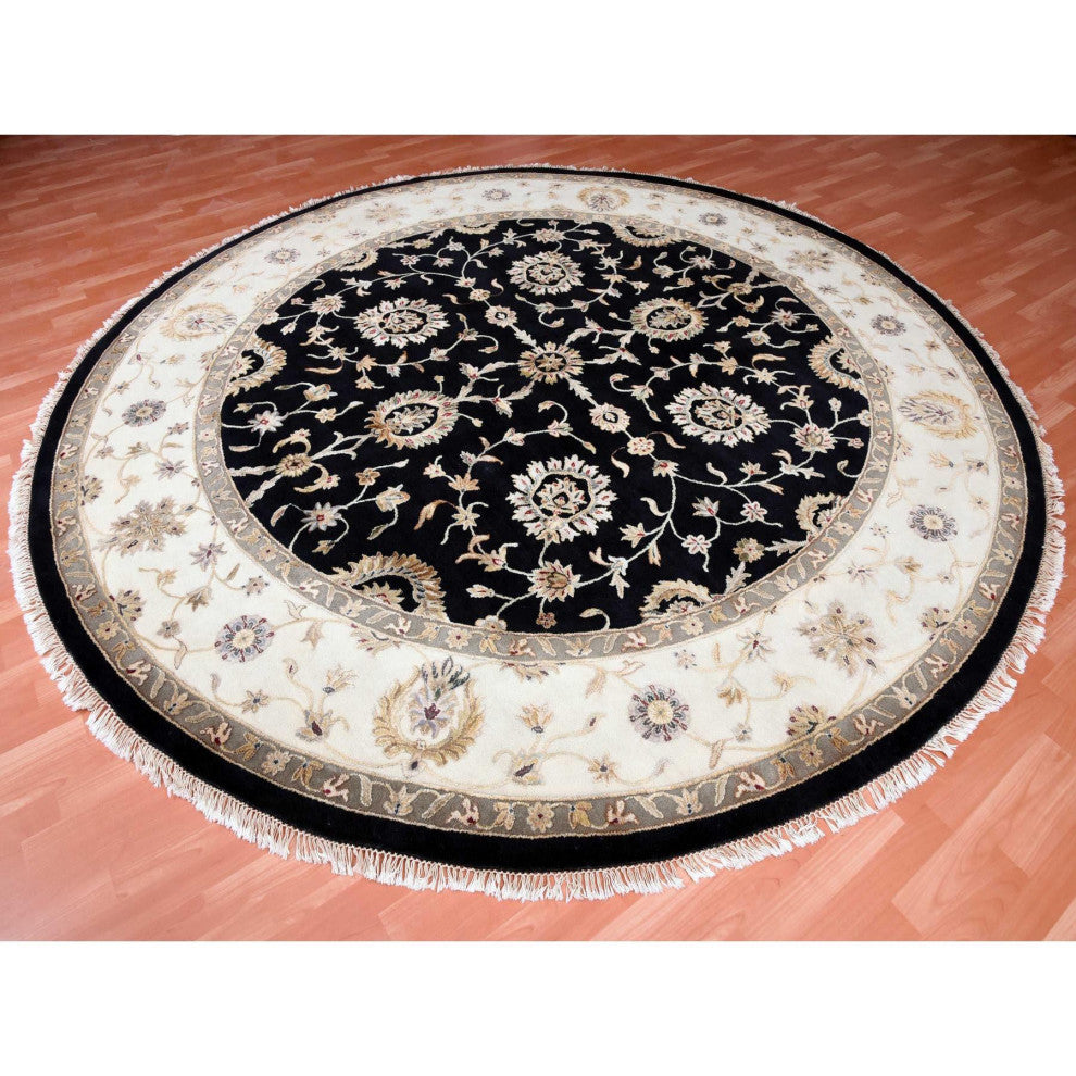 Black, Rajasthan, Wool and Silk, Hand Knotted, Round Rug, 10'0" x 10'2"