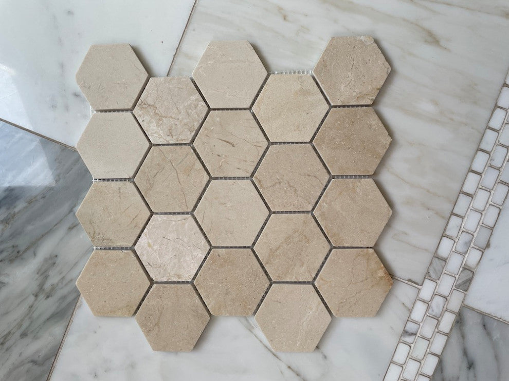 Crema Marfil Marble 3 inch Hexagon Mosaic Tile Polished, 1 sheet