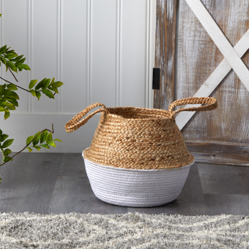 14" Boho Chic Handmade Cotton and Jute White Woven Basket Planter