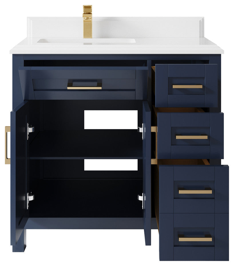 Cambridge 36 Left Offset Bath Vanity in Hale Navy Blue 1.5" White Quartz