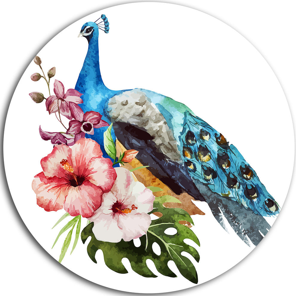 Hibiscus Flowers And Blue Peacock, Flower Disc Metal Wall Art, 23"