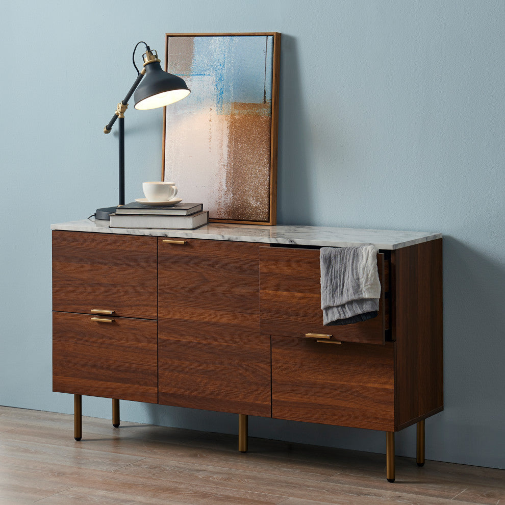 Faux Marble Top Wood Sideboard Buffet Cabinet
