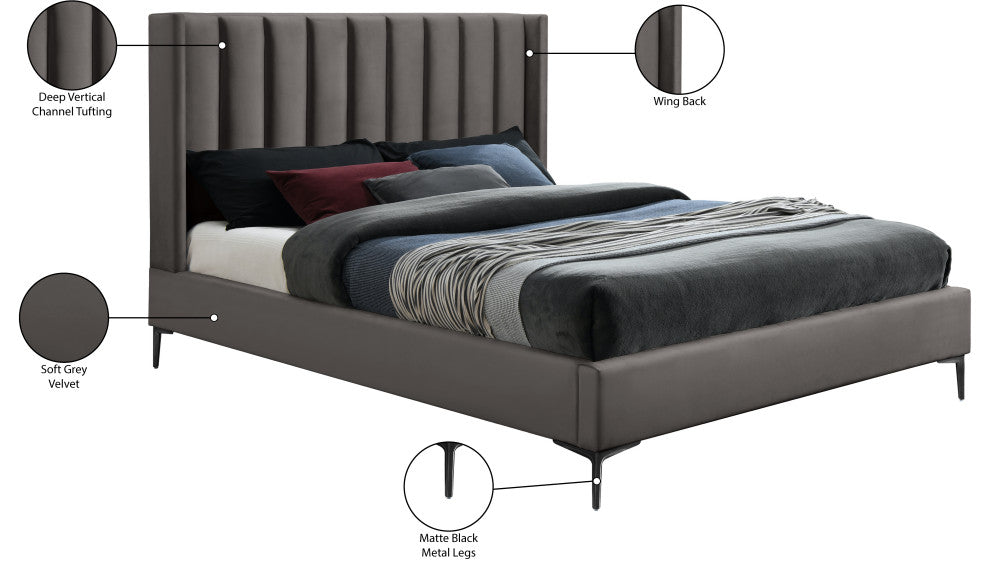 Nadia Velvet Upholstered Bed, Gray, King
