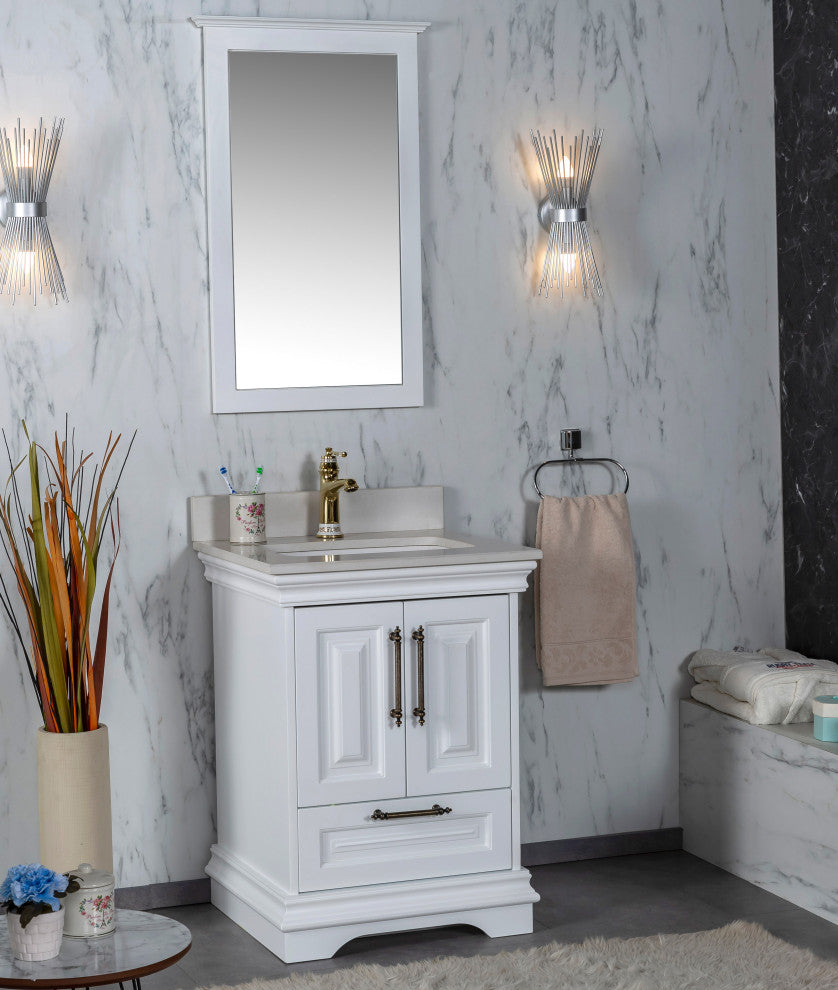 Romana Collection 24" Bathroom Vanity With Sink, Mirror, Countertop, White