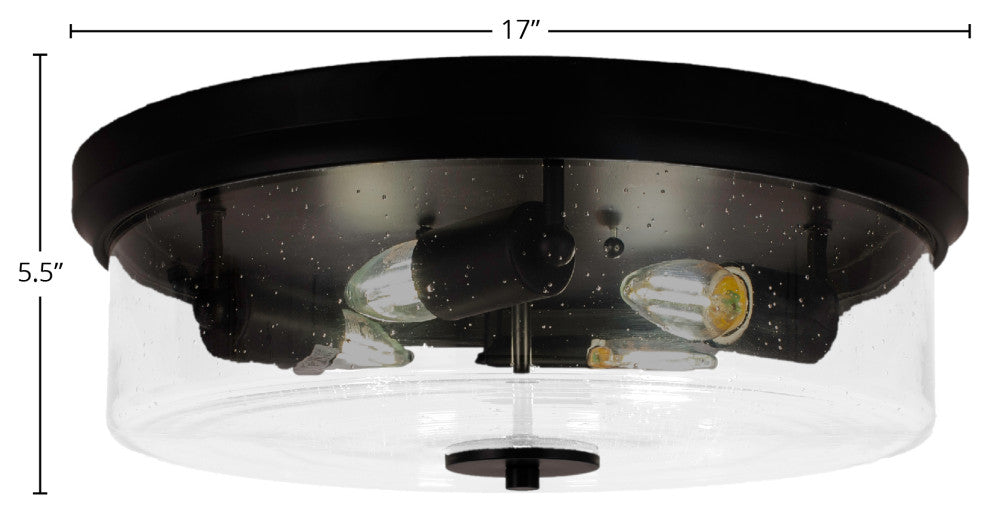 17" 4-Light Flush Mount Light, Matte Black/Clear Bubble